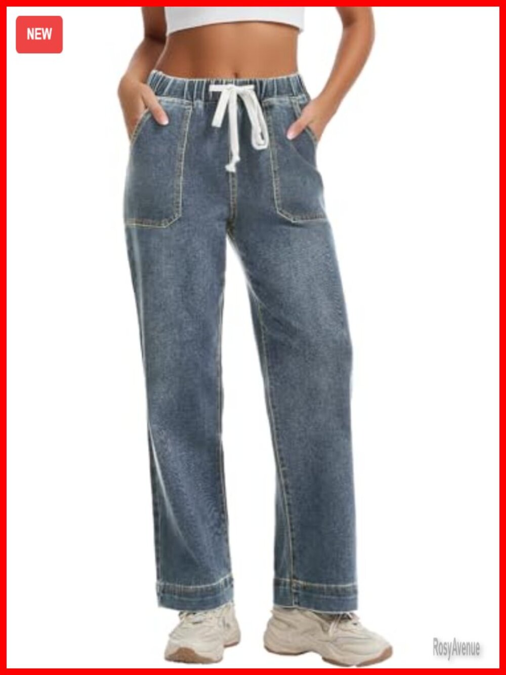 Pull-On Straight Leg Jeans Elastic Waist Drawstring Stretch Denim Pants